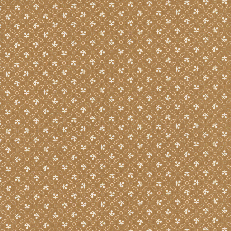 Latte brown fabric with uniform rows of tonal leaves and white sprigs.