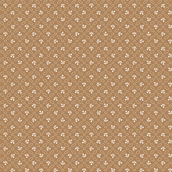 Latte brown fabric with uniform rows of tonal leaves and white sprigs.