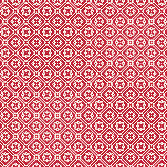 Bright red fabric with a geometric white floral emblem pattern.