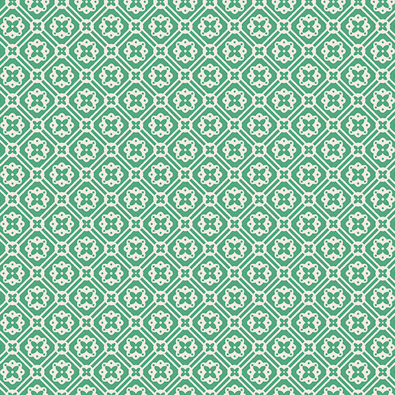 Bright alpine green fabric with a geometric white floral emblem pattern.