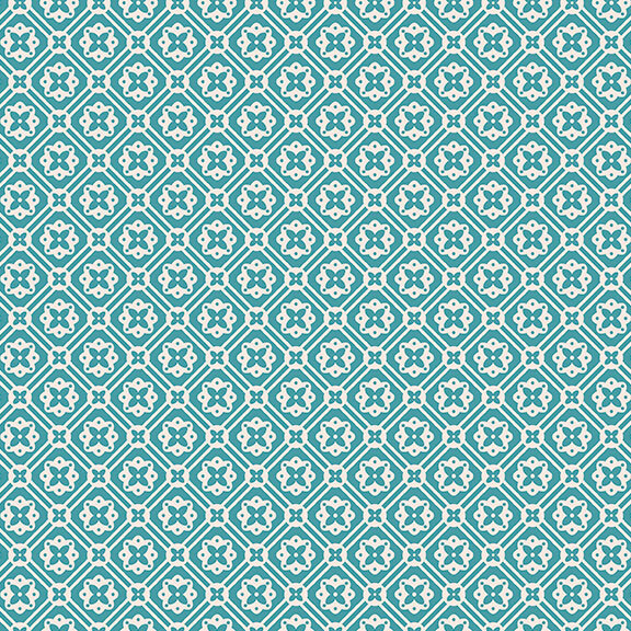 Bright teal fabric with a geometric white floral emblem pattern.