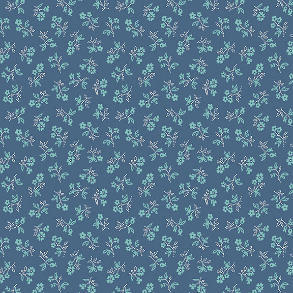 Denim blue with a cottage blue and tonal ditsy floral design.