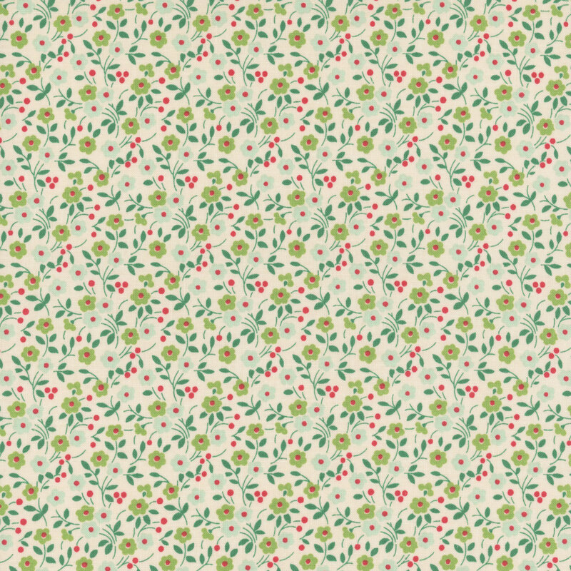 White fabric with a calico floral pattern in a cool color palette.