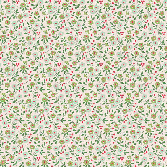 White fabric with a calico floral pattern in a cool color palette.
