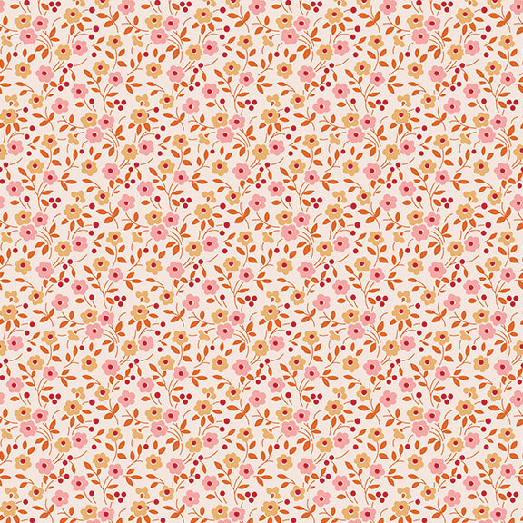 White fabric with a calico floral pattern in a warm color palette.