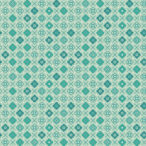 Aqua fabric with a teal tonal floral emblem pattern.