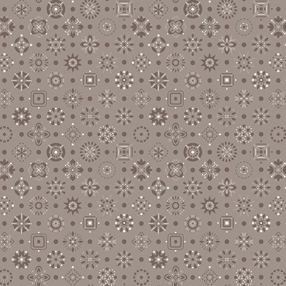 Warm gray fabric with a tonal and white design of scattered emblems.