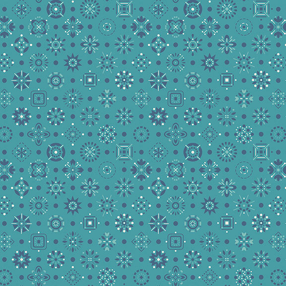 Rich teal fabric with a tonal, white, and blue design of scattered emblems.