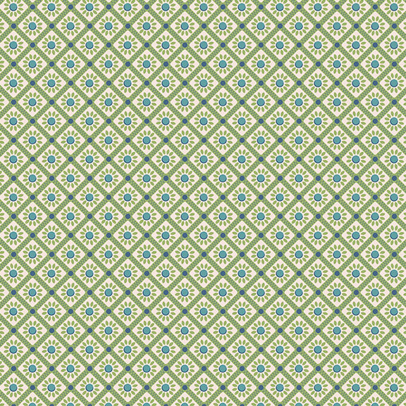 White fabric with a green lattice pattern framing little green and blue suns.