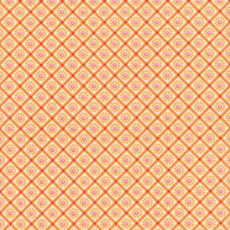 White fabric with an orange lattice pattern framing little orange and coral flowers.