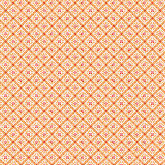 White fabric with an orange lattice pattern framing little orange and coral suns.