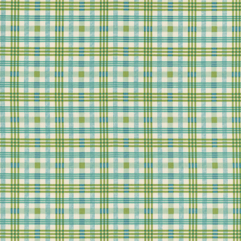 White fabric with a green and blue plaid design.