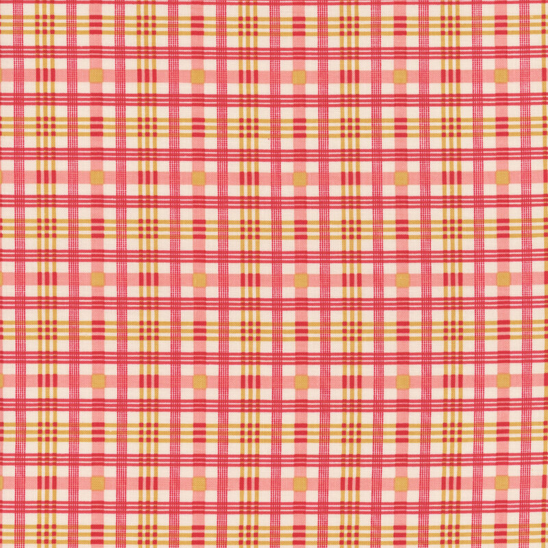 White fabric with a red and yellow plaid design.