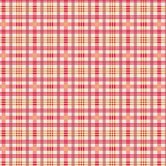 White fabric with a red and yellow plaid design.