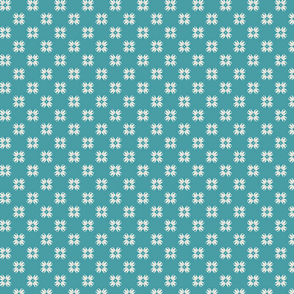 Teal fabric with a uniform white floral emblem design.