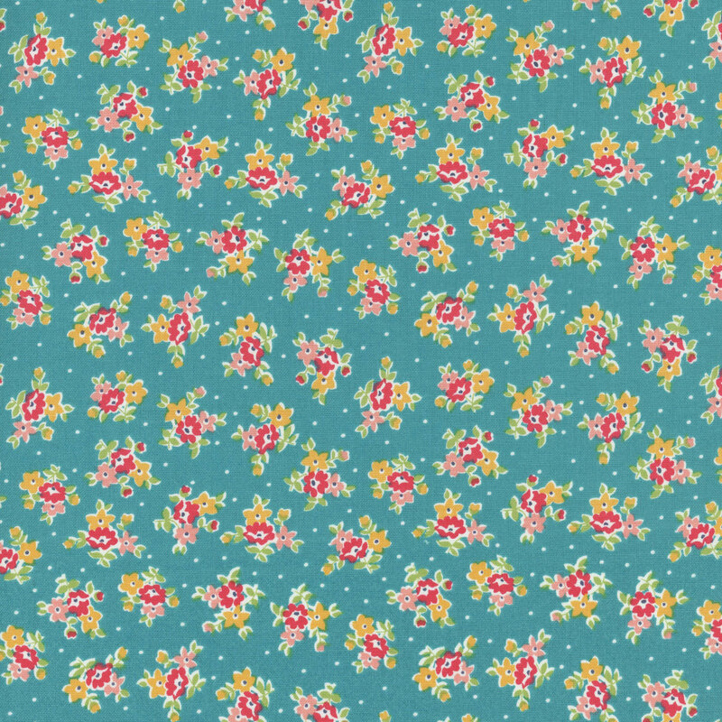 Teal fabric with tossed clusters of red, pink, and yellow flowers with green leaves.