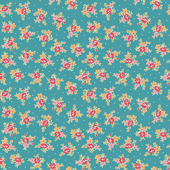 Teal fabric with tossed clusters of red, pink, and yellow flowers with green leaves.