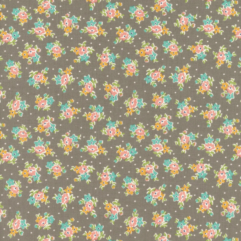 Gray fabric with tossed clusters of teal, pink, and yellow flowers with green leaves.