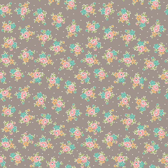 Gray fabric with tossed clusters of teal, pink, and yellow flowers with green leaves.