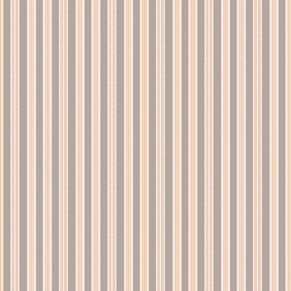 Fabric with gray, orange, and white ticking stripes.