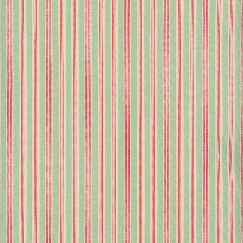 Fabric with teal, orange, and white ticking stripes.