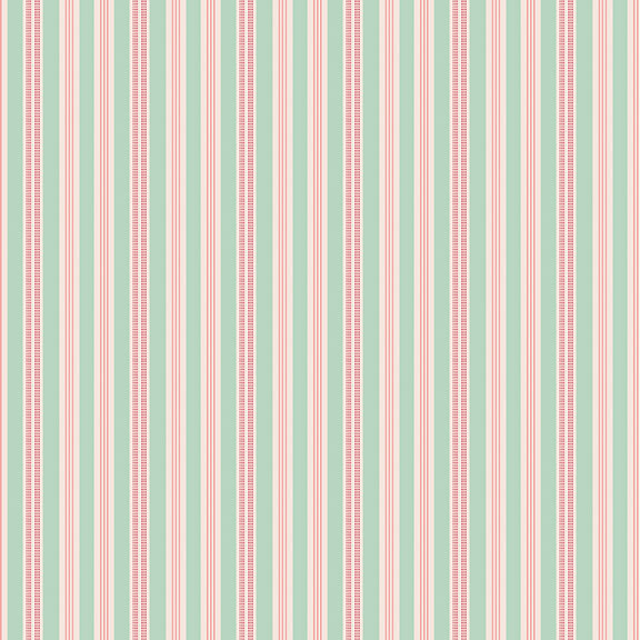 Fabric with teal, orange, and white ticking stripes.