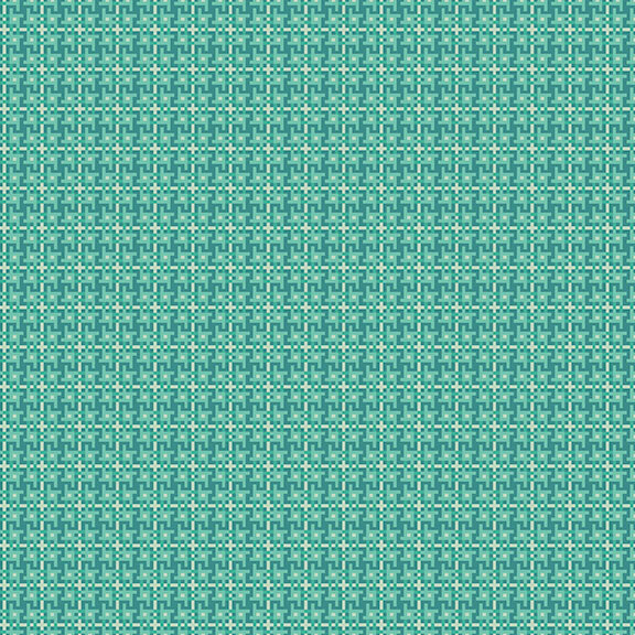Peacock blue fabric with a dynamic geometric pattern in tonal teal and white.