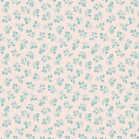 Cream fabric with ditsy teal flowers.
