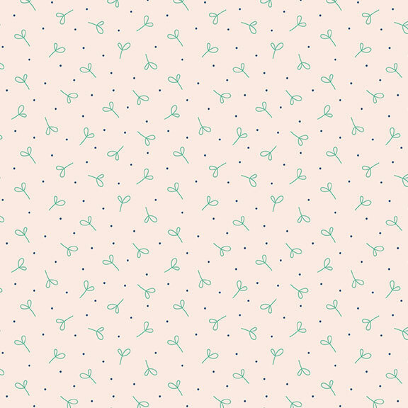 Cream fabric with ditsy teal sprigs and dark blue dots.