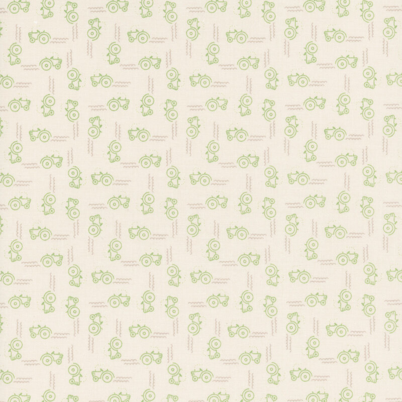 Cream fabric with a repeating pattern of green tractors and tonal lines.