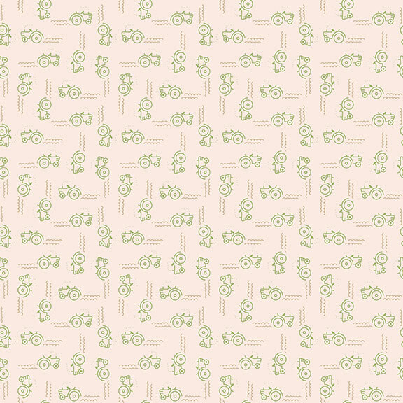 Cream fabric with a repeating pattern of green tractors and tonal lines.