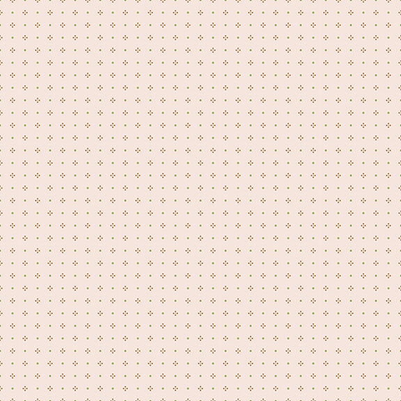 Cream fabric with rows of dots and dot clusters in tonal beige and green.