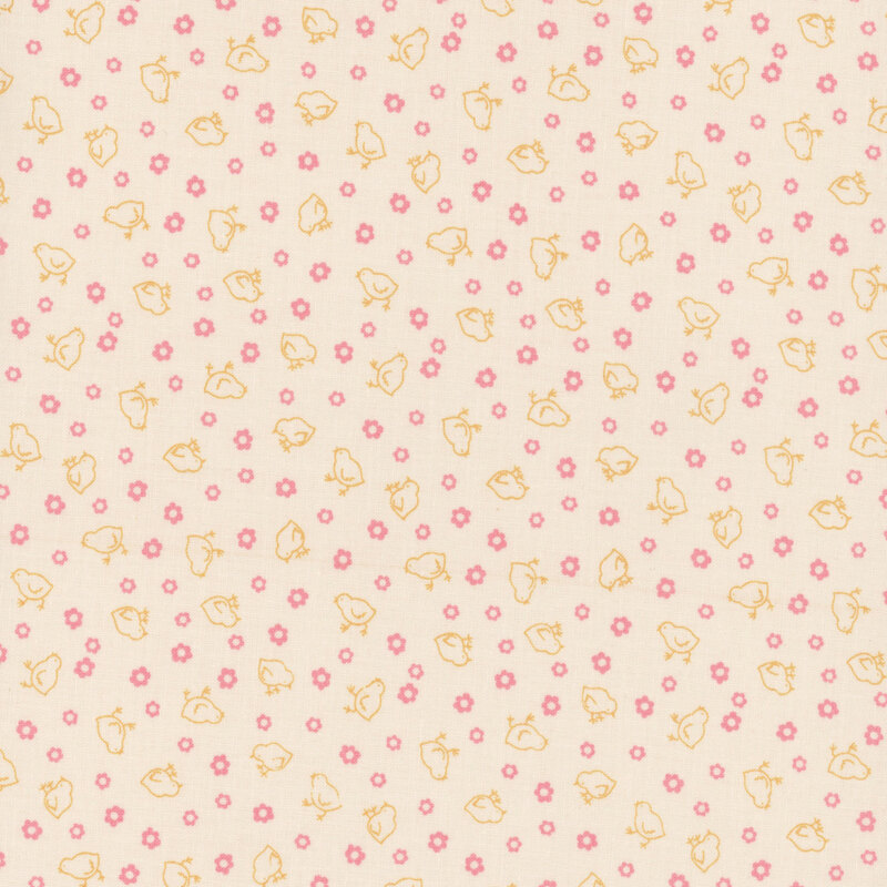 Cream fabric with tossed pink flowers and yellow chicks.