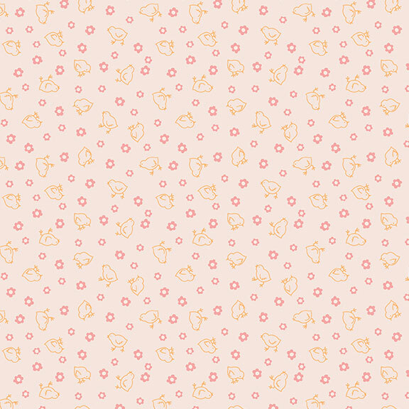 Cream fabric with tossed pink flowers and yellow chicks.