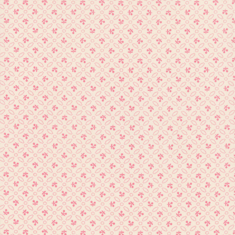 Cream fabric with rows of cherry red leaves and sprigs.