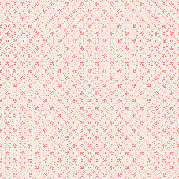 Cream fabric with rows of cherry red leaves and sprigs.