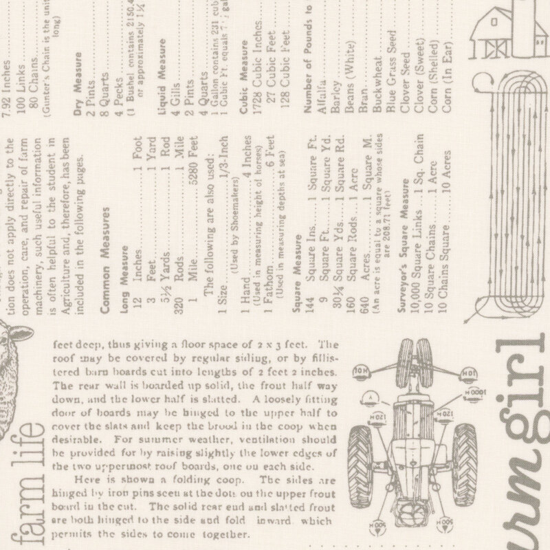 Cream fabric with a gray newsprint collage pattern of farm themed entries.