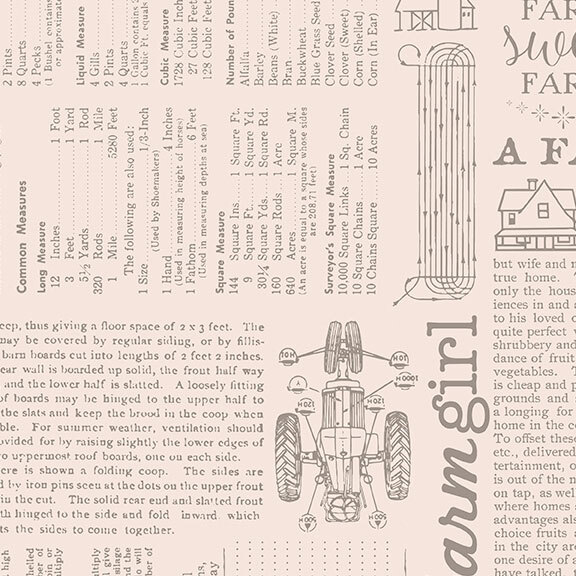 Cream fabric with a gray newsprint collage pattern of farm themed entries.