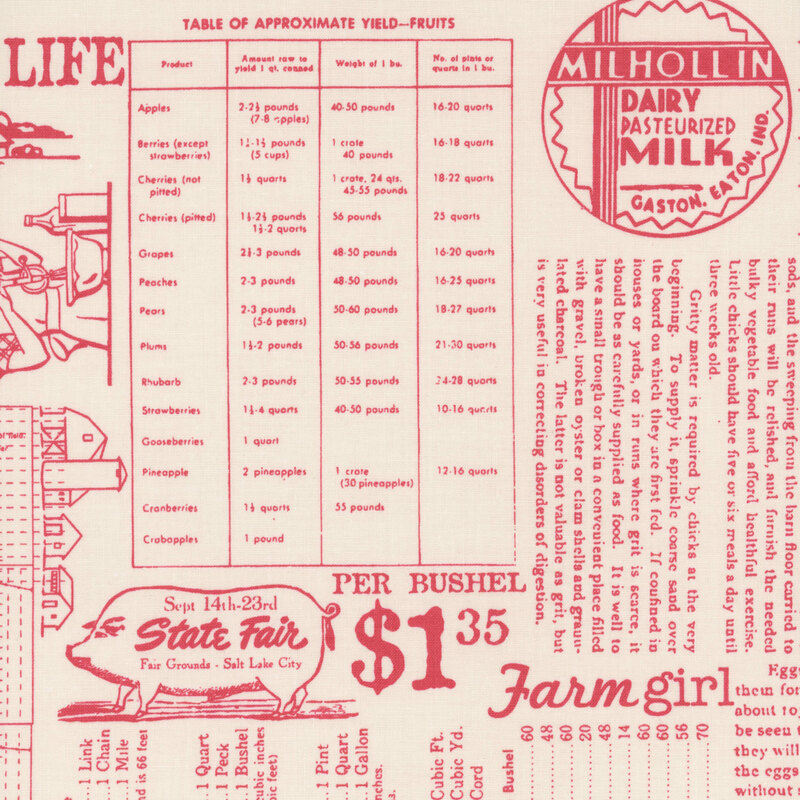 Cream fabric with a cherry red newsprint collage pattern of farm themed entries.