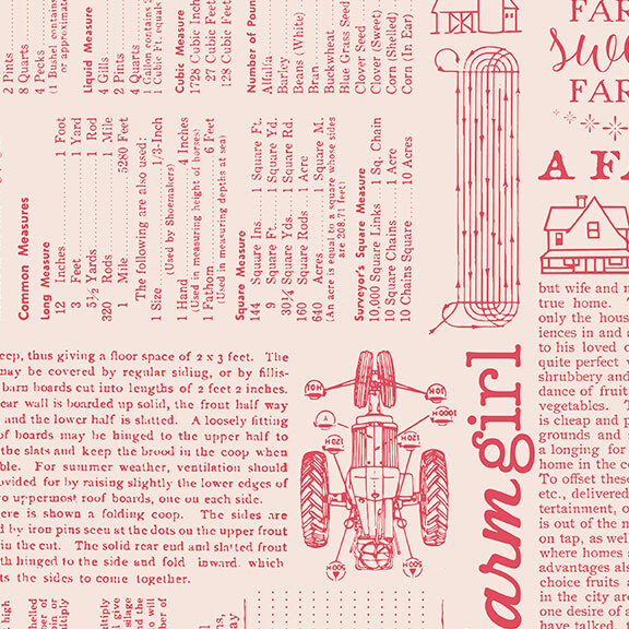 Cream fabric with a cherry red newsprint collage pattern of farm themed entries.