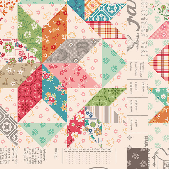 Cream fabric with a cheater panel patchwork design featuring prints used throughout the Farmer's Daughter collection.