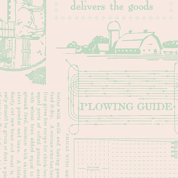 Cream fabric with a collage design of farm themed imagery and text in mint.
