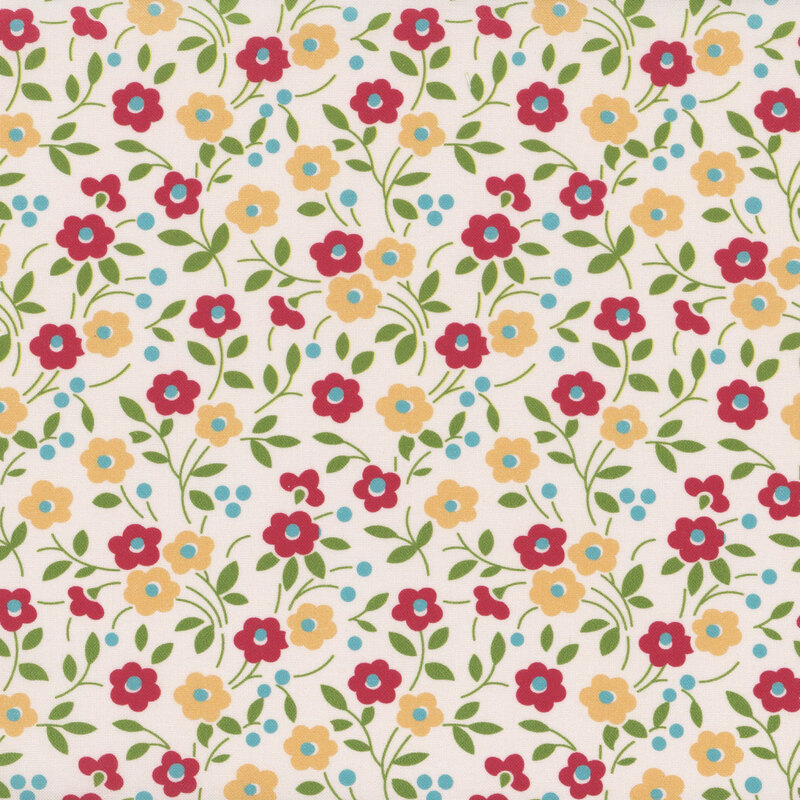 Cream fabric with red and yellow flowers, green leaves, and blue dots.