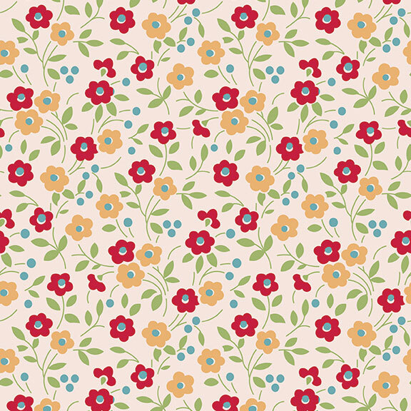 Cream fabric with red and yellow flowers, green leaves, and blue dots.