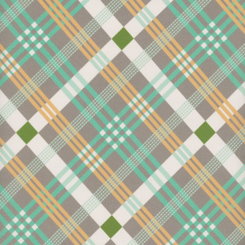 Stone gray fabric with a plaid pattern in orange, cream, and bright mint green.