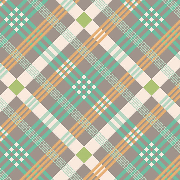 Stone gray fabric with a plaid pattern in orange, cream, and bright mint green.