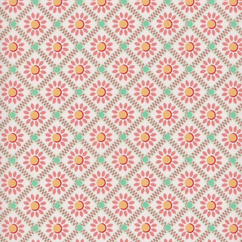Cream fabric with a floral emblem pattern in pink and gold, interspersed with mint green rows.