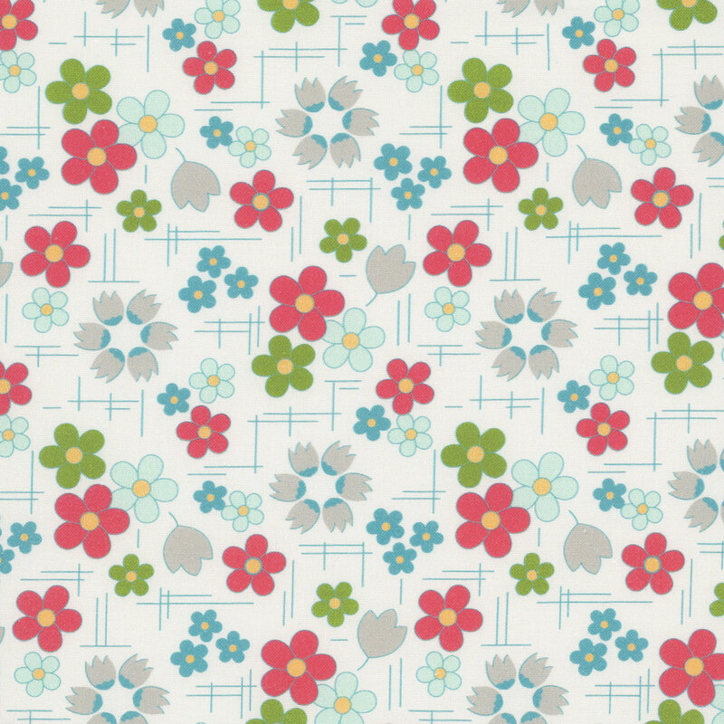 Gray fabric with a red, green, and teal floral pattern.