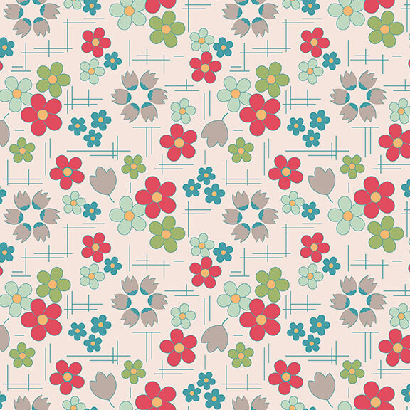 Cream fabric with a red, green, and teal calico floral pattern.
