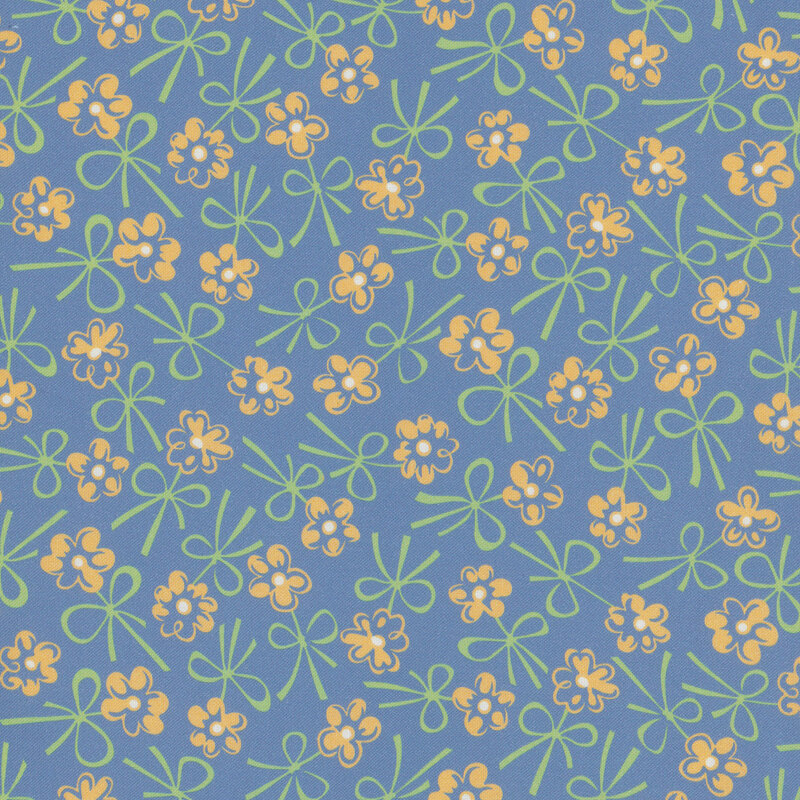 Medium blue fabric with tossed yellow florals and green bows.